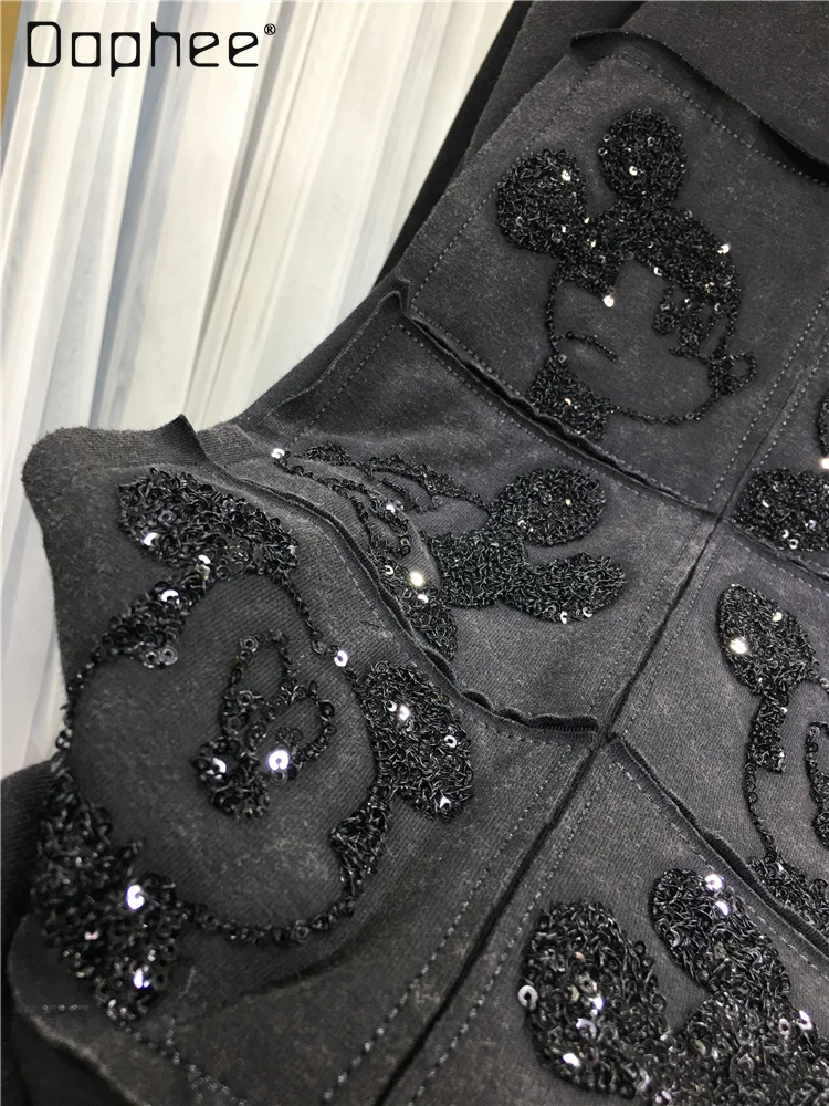 

Черная футболка для тяжелой промышленности со стразами для женщин, милый свободный топ средней длины с круглым вырезом и круглым вырезом, осенняя футболка большого размера