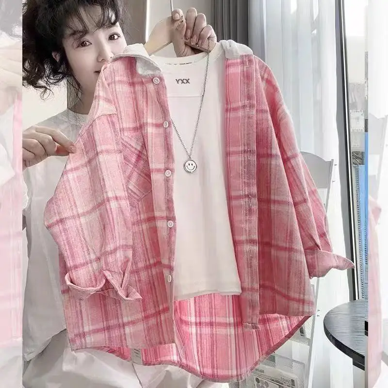 

Sweet Students Girls Pink Plaid Shirt Jackets Hooded Coats Single-breasted Loose Oversize Outerwear Harajuku Korean Trendy Tops