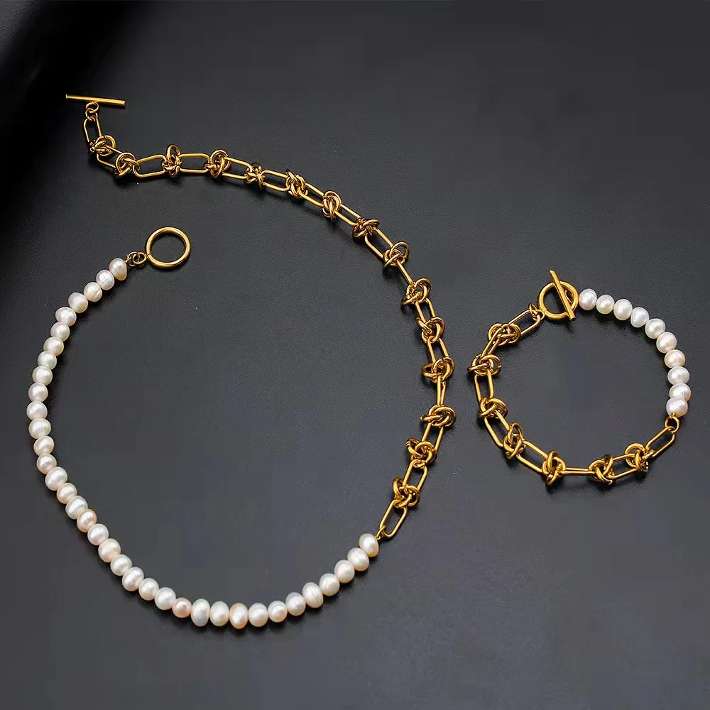 New Fashion Half Pearl Half Link Chain Necklace Bracelet Women Aestethic Luxurious Jewelry Gift