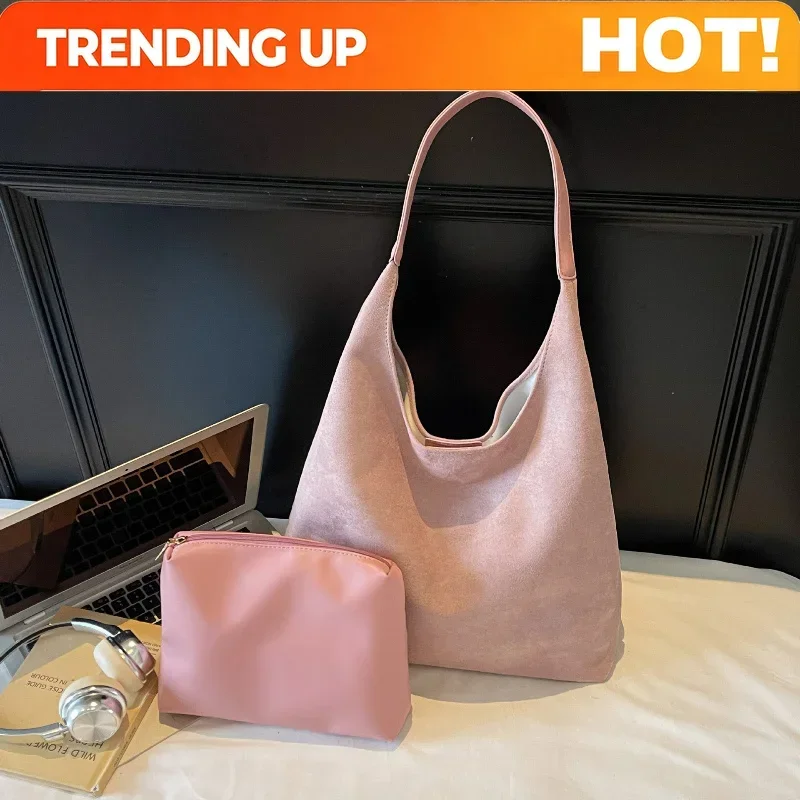 New Winter Vintage Suede Shoulder Bag Large Capacity Commuter Bucket Bag Pure Color Texture and Versatile Crossbody Storage Bags