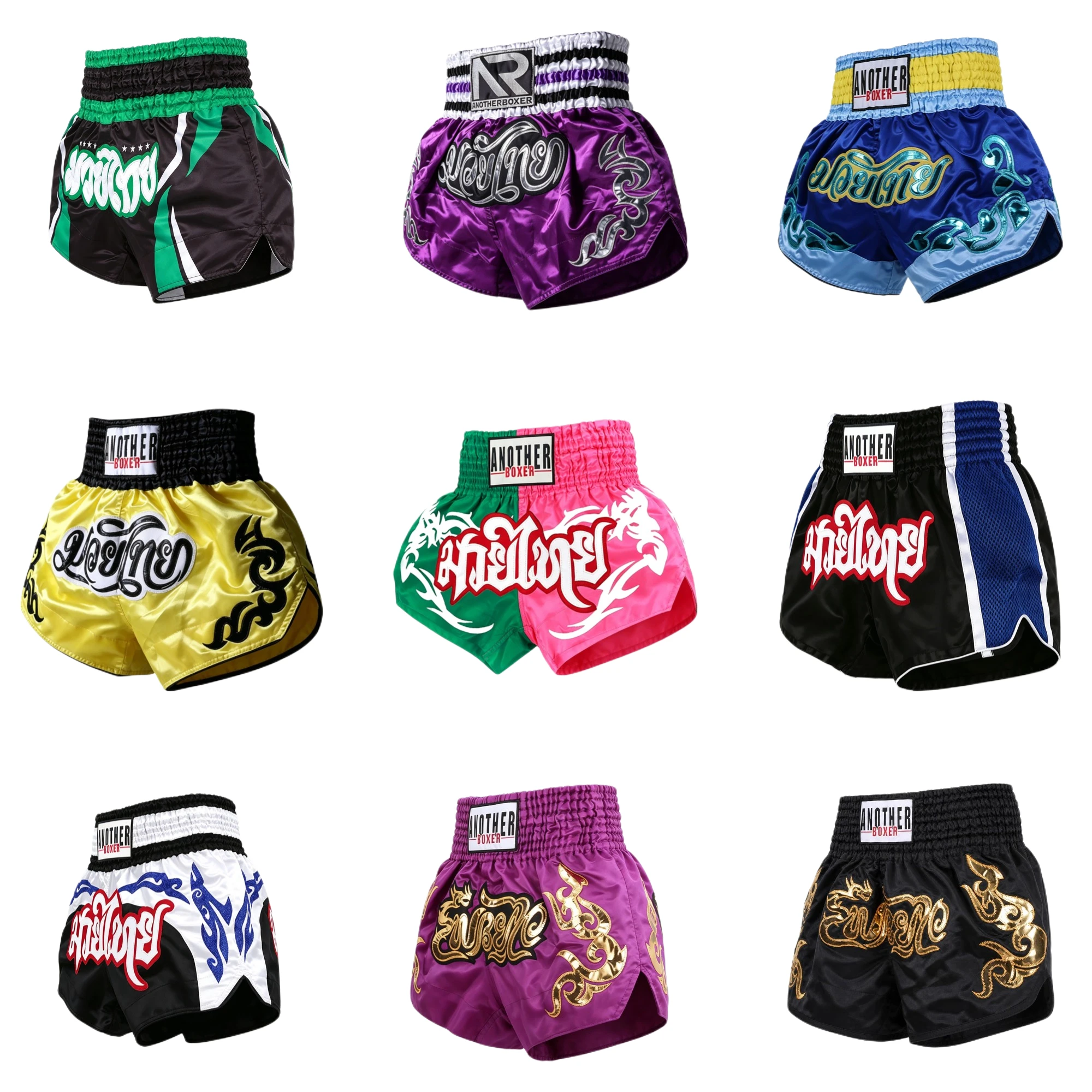 Muay Thai Boxshorts aus Satin mit Thai-Stickerei, Hochgeschnittene Kickbox-Hosen für Männer, Frauen und Kinder, Kampfsport-Trainings- und Wettkampfhosen