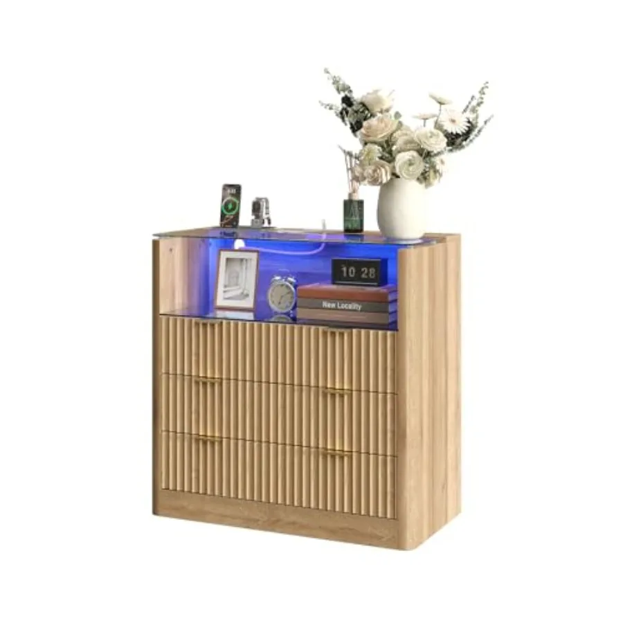 Fluted Night Stand with 3 Drawers Open Shelf 31''W Nightstand with Charging Station Double Metal Handle End Table with Glass To