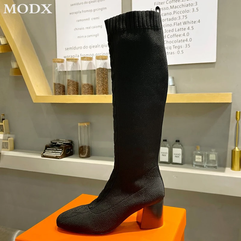 Knitted Square Head Stretch Sock Boots For Women Chunky Heel Slim Fashion All-match Knee-high Boots Luxury Brand Runway Shoes