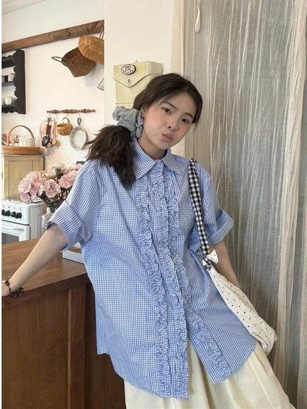 

plus Size Women's Retro Japanese Style Short Sleeve Shirt High Waist Loose Pants Turn-down Collar Summer New Fashion Set