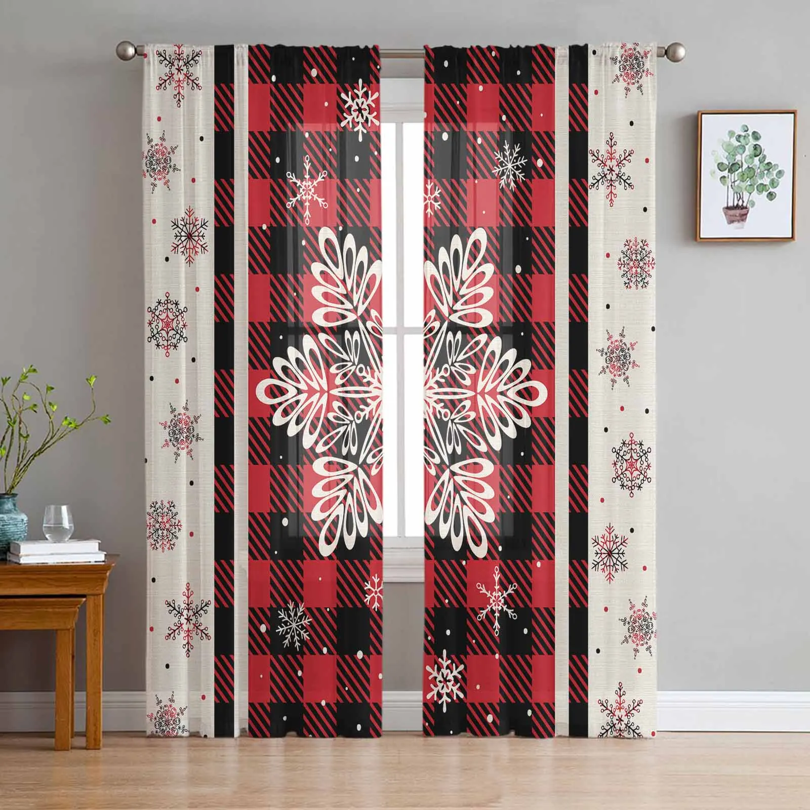 

Рождественские снежные клетчатые тюлевые шторы для украшения гостиной, современные шифоновые прозрачные рождественские шторы из вуали
