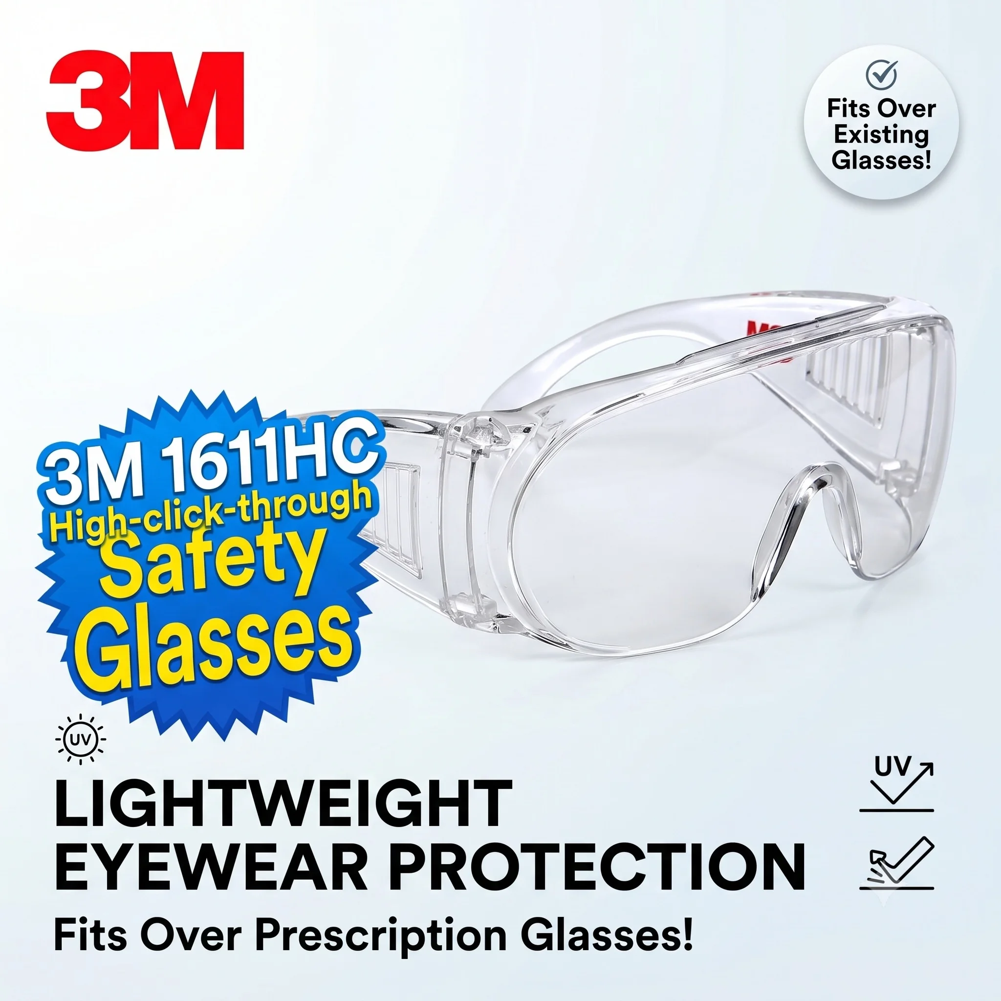 3M 1611HC Over Glasses Safety Goggles Anti-Fog Scratch Resistant Visitor Eye Protection Glasses for Lab Factory Workshop