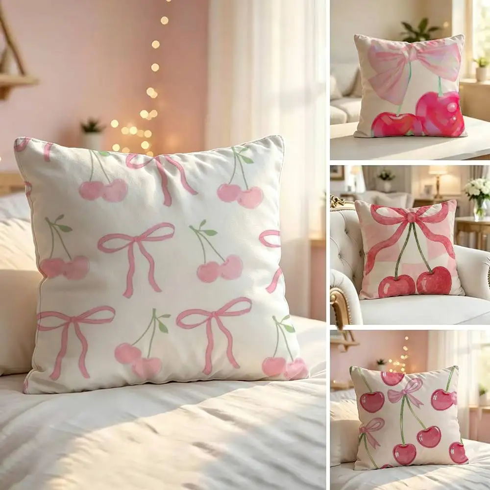 Art Pink bow c-cherry Soft Pillow Shell For Sofa Living Space Bedroom Headboard Backrest Square Cushion Cozy