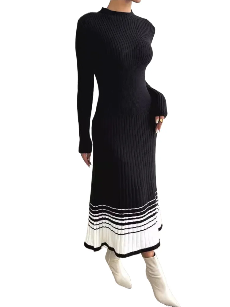 

Elegant Knit Slim Dress For Women Fashion White Black Long Sleeve O Neck Pullover Package Dresses Lady Autumn Winter Clothes
