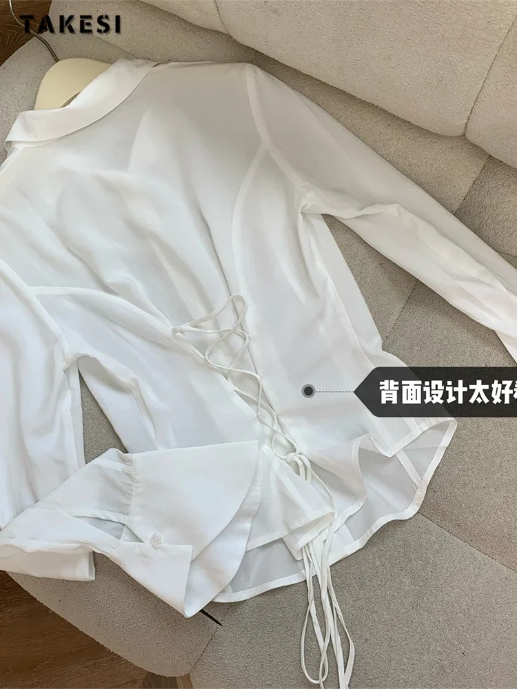 Hot Girl Sexy  Slim White Black Chiffon Shirt Turn-down Collar Flare Sleeve Tunic Bandage Design Blouses Autumn Winter 2023