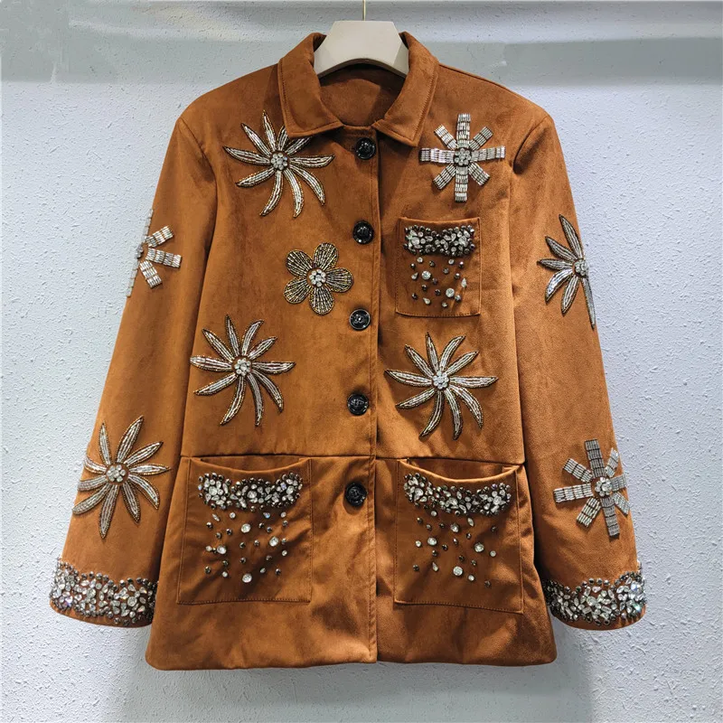 

Women's Clothing Retro Luxury Beaded Rhinestone Flowers Jacket Niche Lapel Single-breasted Casual Loose Fit Long Sleeves Coat
