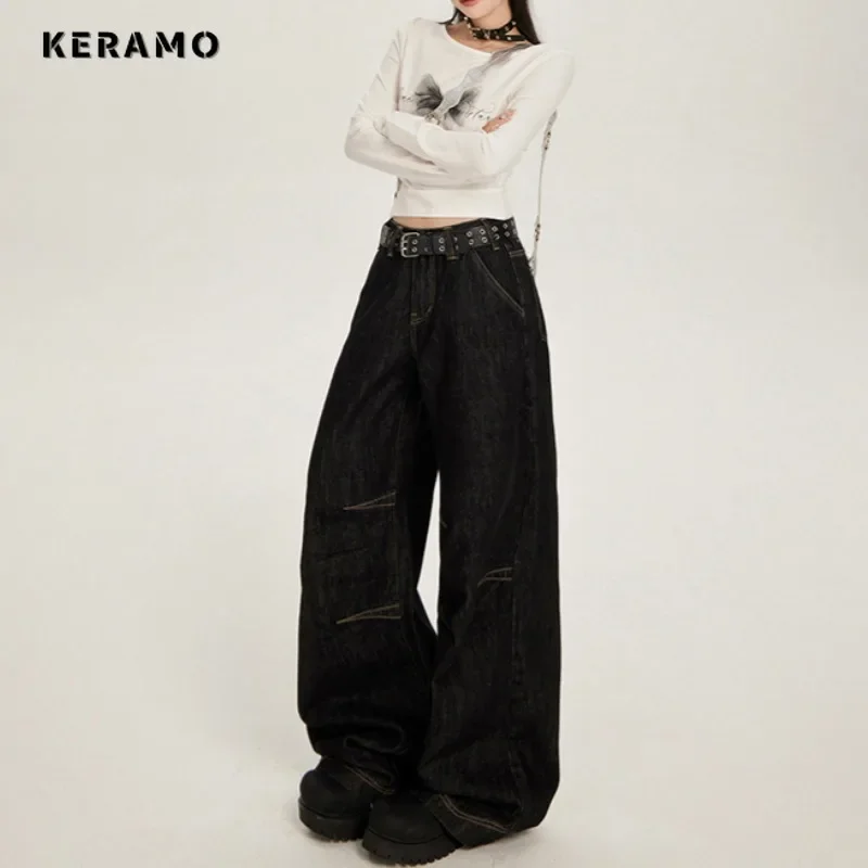 

American Retro Oversized Grunge Street Jean Pockets Hip-hop Baggy Black Pants Women's Emo Casual Y2K Washed Denim Trouser