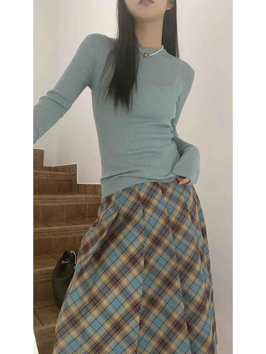 سترة محبوكة زرقاء بأكمام طويلة للنساء، تصميم عصري جديد للخريف، مريحة بأسلوب كسول، طبقة أساسية بأسلوب G