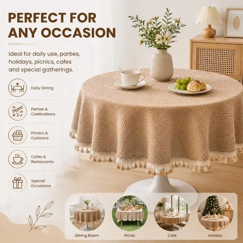 Waffle Weave Cotton Round Tablecloth Tassel Trim Washable Wrinkle Resistant For Dining Kitchen Coffee Table Decor