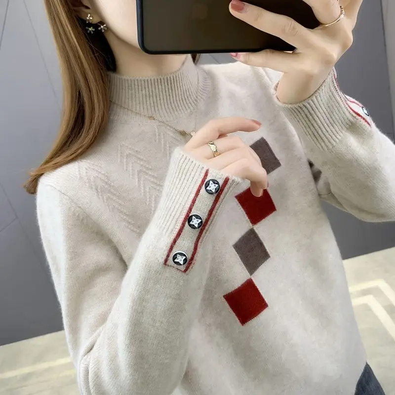 Fashion Half High Collar Knitted Button Korean Sweater Women Clothing 2022 Autumn New Oversized Casual Pullovers Loose Warm Tops