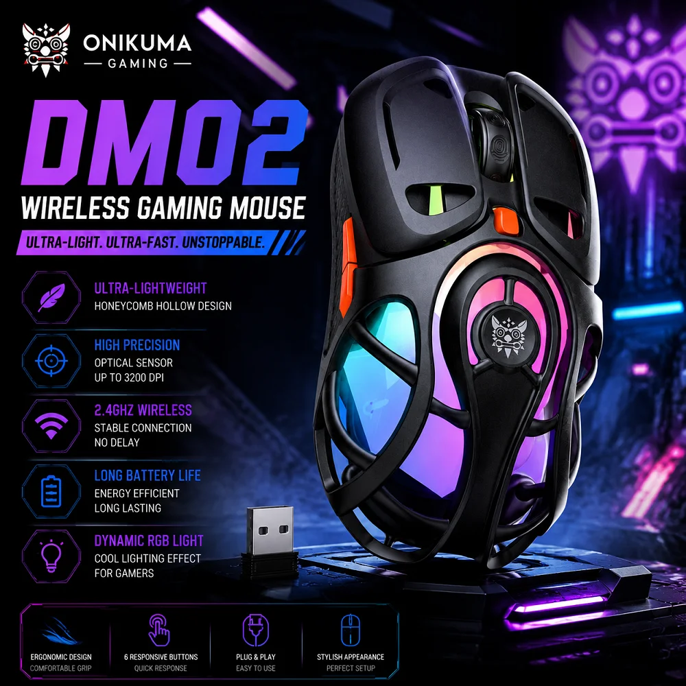 ONIKUMA DM02 2025 New Ultralight Honeycomb Wireless Gaming Mouse | Ergonomic Design, 1000Hz Polling Rate & Long Battery Life