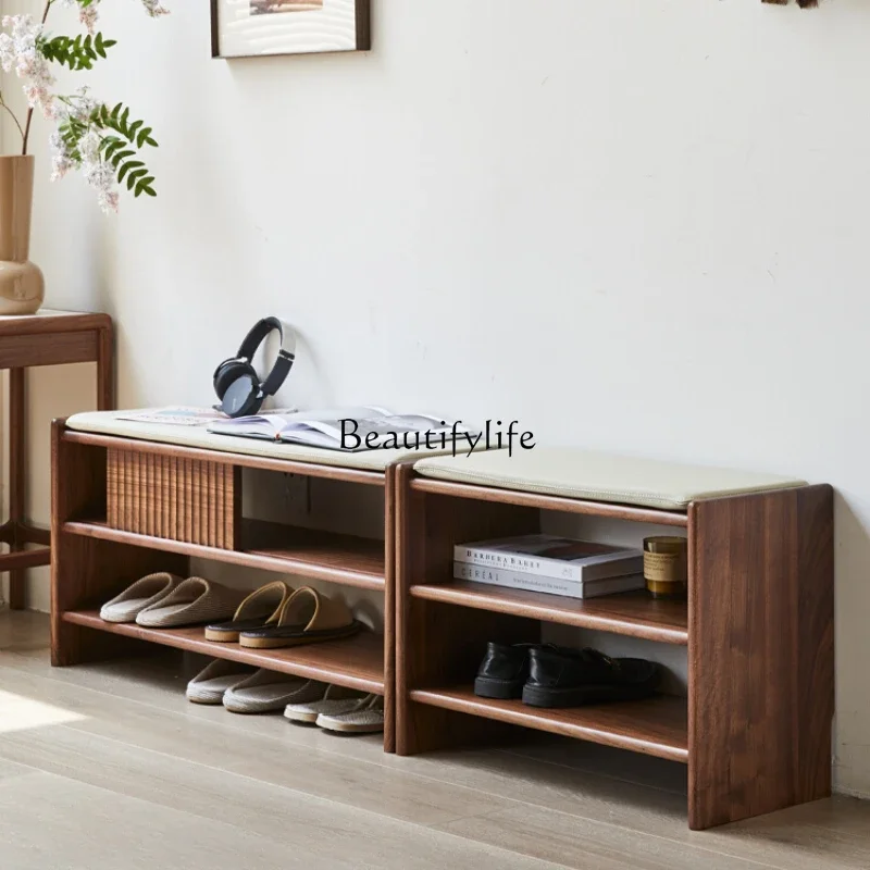 

FG40Solid Wood Shoe Changing Stool Modern Minimalist Black Walnut Living Room Home Soft Bag Cushion Stool