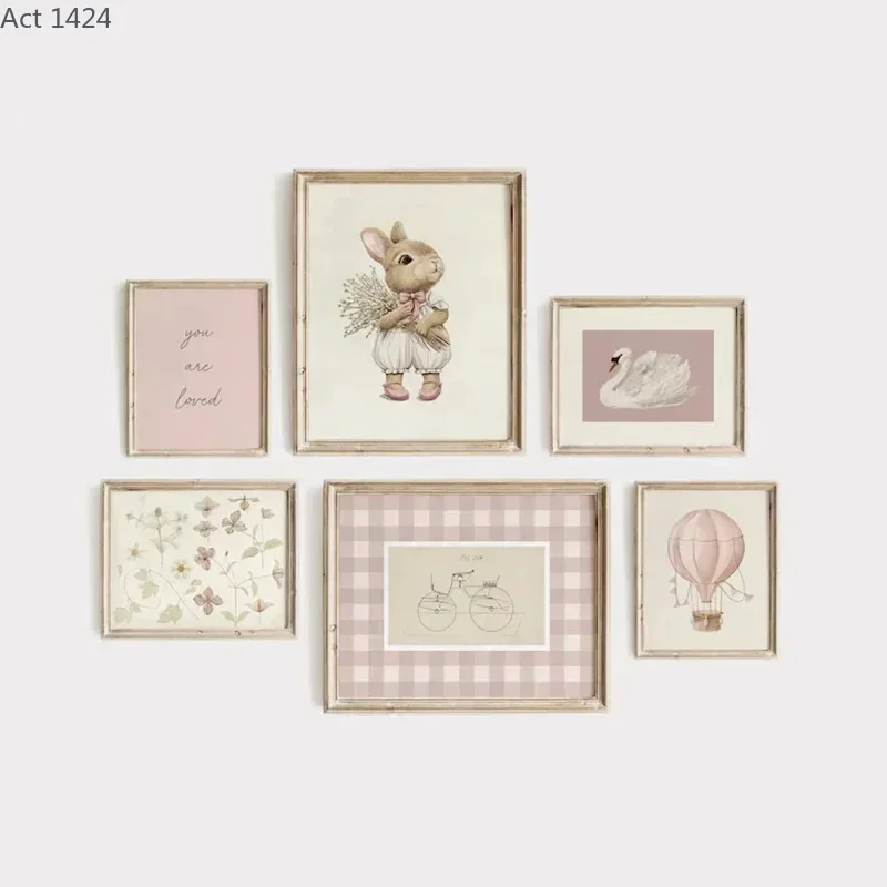 Modern Minimalist Pink Wall Decor Rabbit Swan Text Floral Canvas Painting Art Print Home Kids Room Dorm Decoration