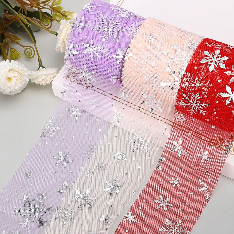 25yards 6cm Flash Printing Silver Snowflake Tulle Ribbon Roll Handmade Hairpin Bow Birthday Party Decoration DIY Process