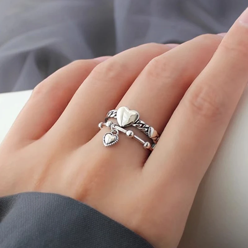 Foxanry Vintage Punk Finger Rings for Women Couples New Fashion Simple LOVE Heart Pendant Geometry Handmade Party Jewelry Gifts