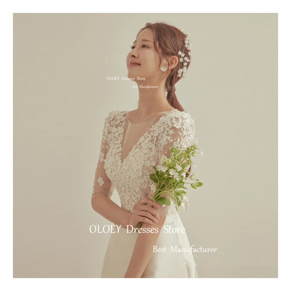 OLOEY elegante ivoor satijnen trouwjurk Korea fotoshoot halve mouw bruidsjurk vloerlengte korset terug bloemen kant op maat