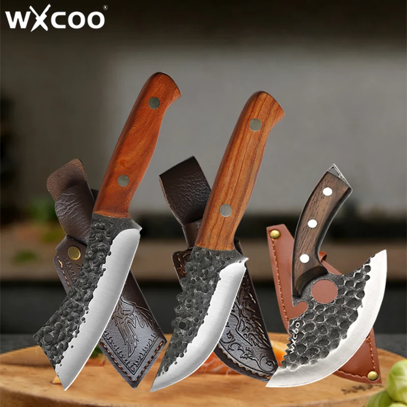 Multifunctional Kitchen Knives Bottle Opener Knife Sharp Fruit Meat Cleaver Stainless Steel Forged Butcher Knife with Sheath