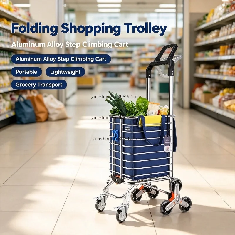 Aluminum Alloy Lightweight Foldable Step Climbing Shopping Trolley, Portable Folding Grocery Cart for Daily Grocery Shopping