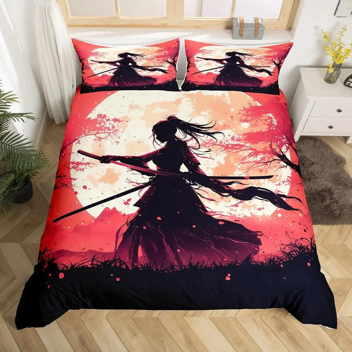 Anime Bedding Set Japanese Samurai Painting 3D Printed Duvet Cover with 1-2Pillowcases Red Sun Hokusai Fuji Mountain King Size