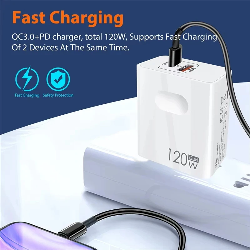 120W Fast Charger USB Type C PD Cable Fast Charging Quick Charge 3.0 Adapter Adapter For Mobile Phone EU US UK Plug Charging