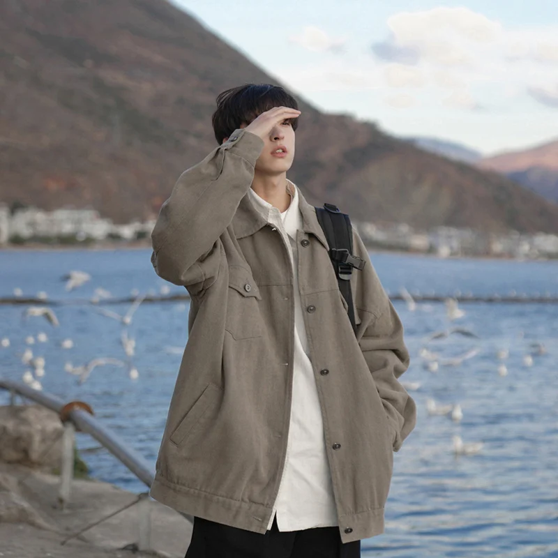 fall-men's-jaet-retro-color-oulder-drop-collar-single-button-loose-youthful-student-top-trendy-outerwear-coat