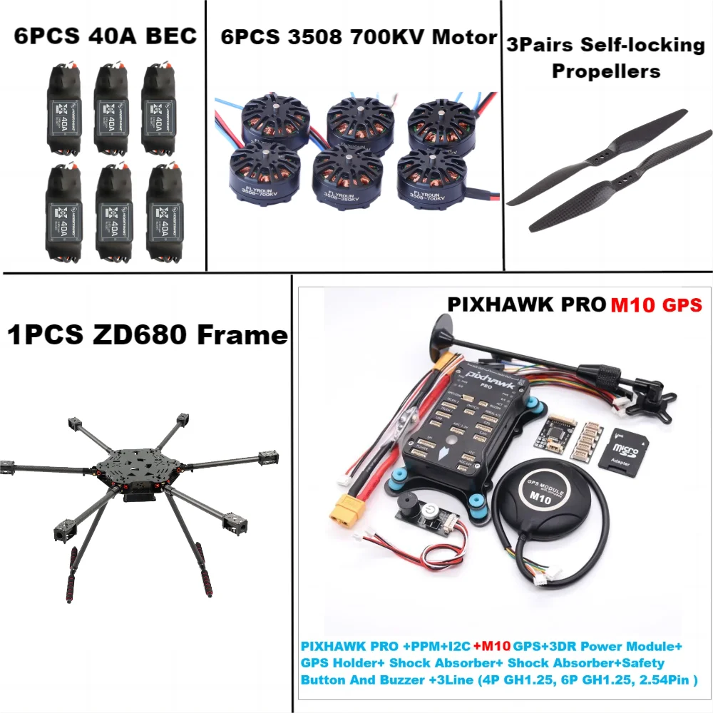 PIXHAWK-ZD680 PRO M10 Cadre Hexa-Rotor Pliable en Fibre de Carbone avec Train d'Atterrissage Non Flottant