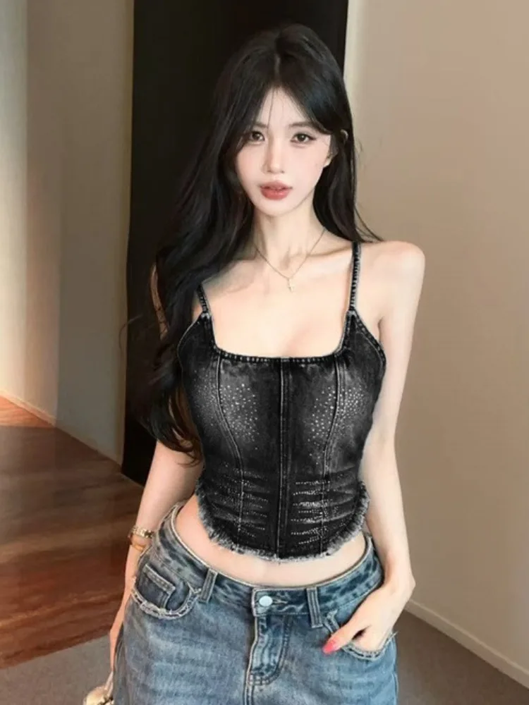 Slim Fit Denim Halter Neck Vest Summer New Style Small Audience Design Sense Spicy Girl Style Faux Diamond Embellished  
