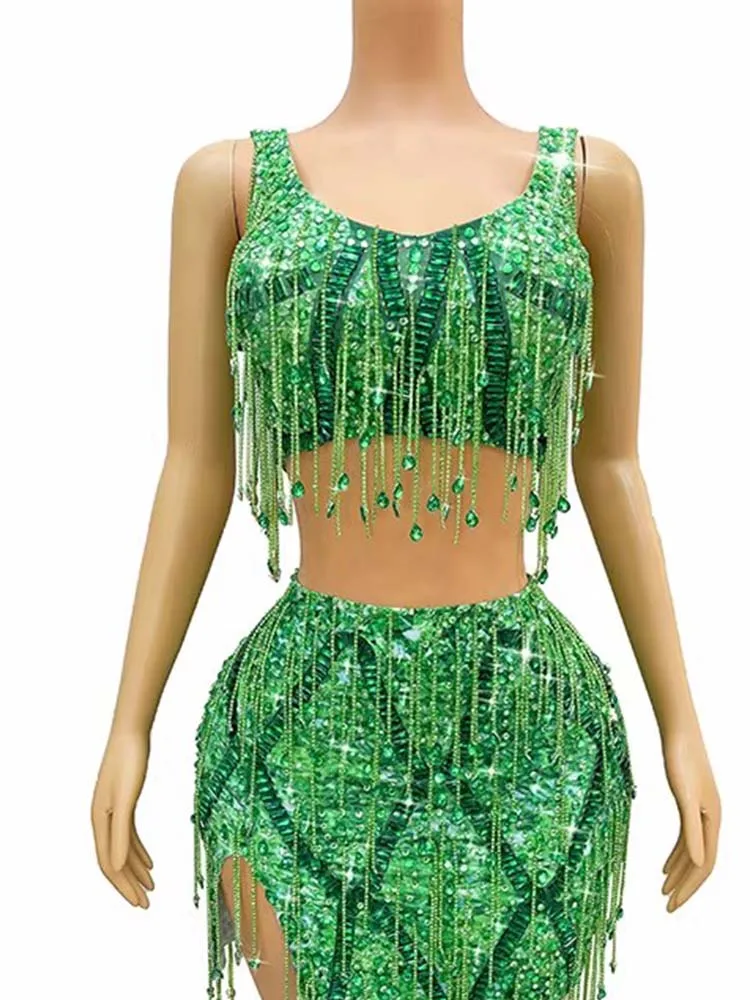 Wysokiej jakości zestaw: top na ramiączkach z kryształkami i spódnica, nowa modna odzież damska na zamówienie, kolekcja 2025