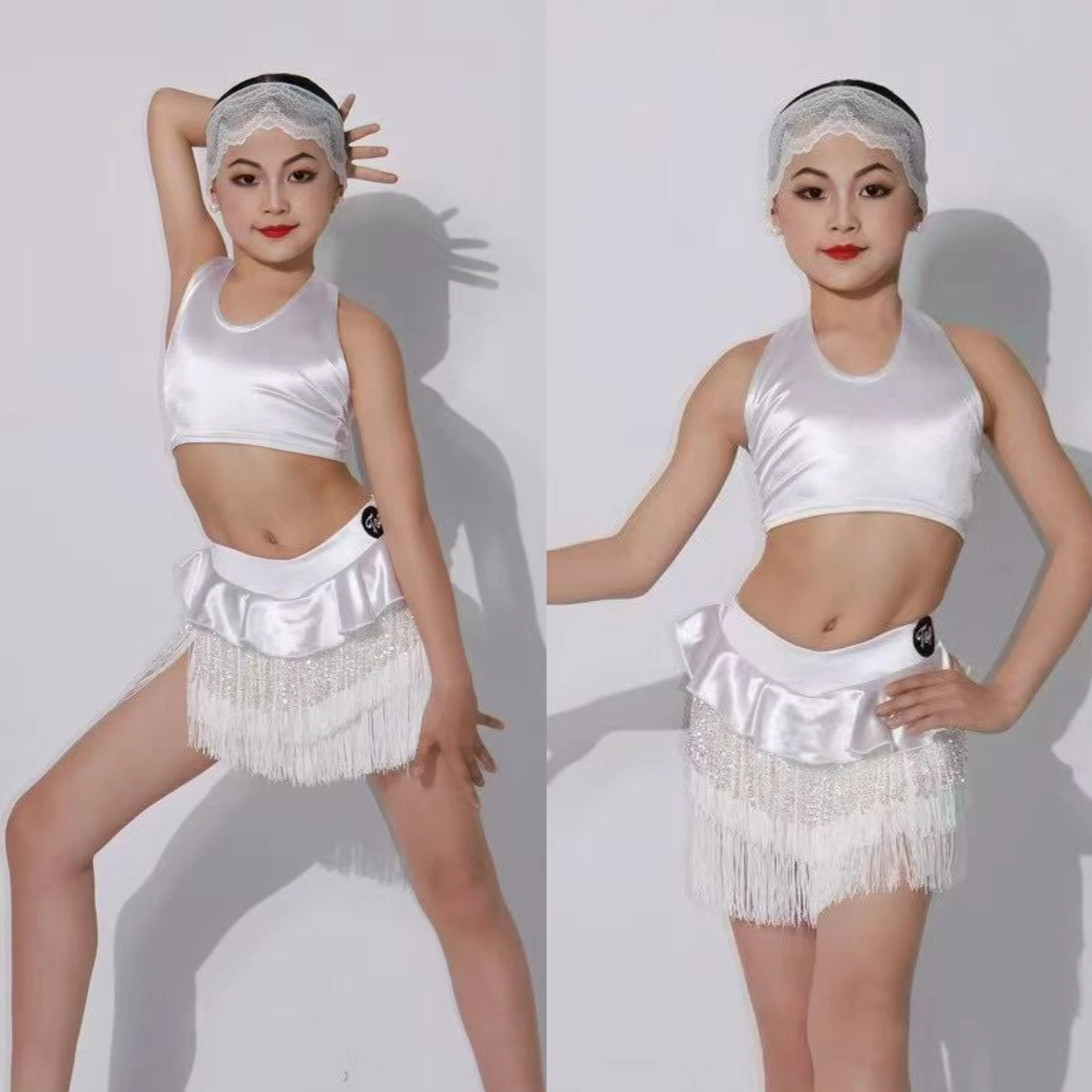 

2025 Kids White Latin Dance Performance Costume Girls Cha Cha Rumba Samba Dance Tops Fringe Skirt Competition Clothing DNV23085