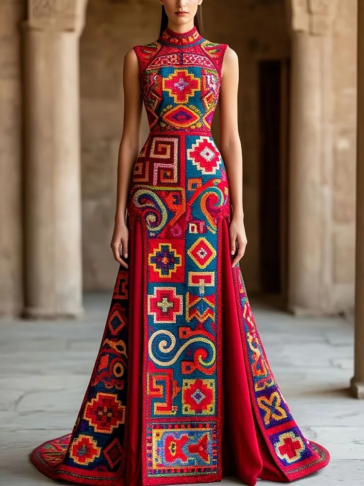 Vintage Geometrisches Muster Bedrucktes Maxikleid Damen Elegantes Hochgeschlossenes Ärmelloses Ethnisches Tribal-Abendkleid Luxuriöses Laufsteg-Ballkleid