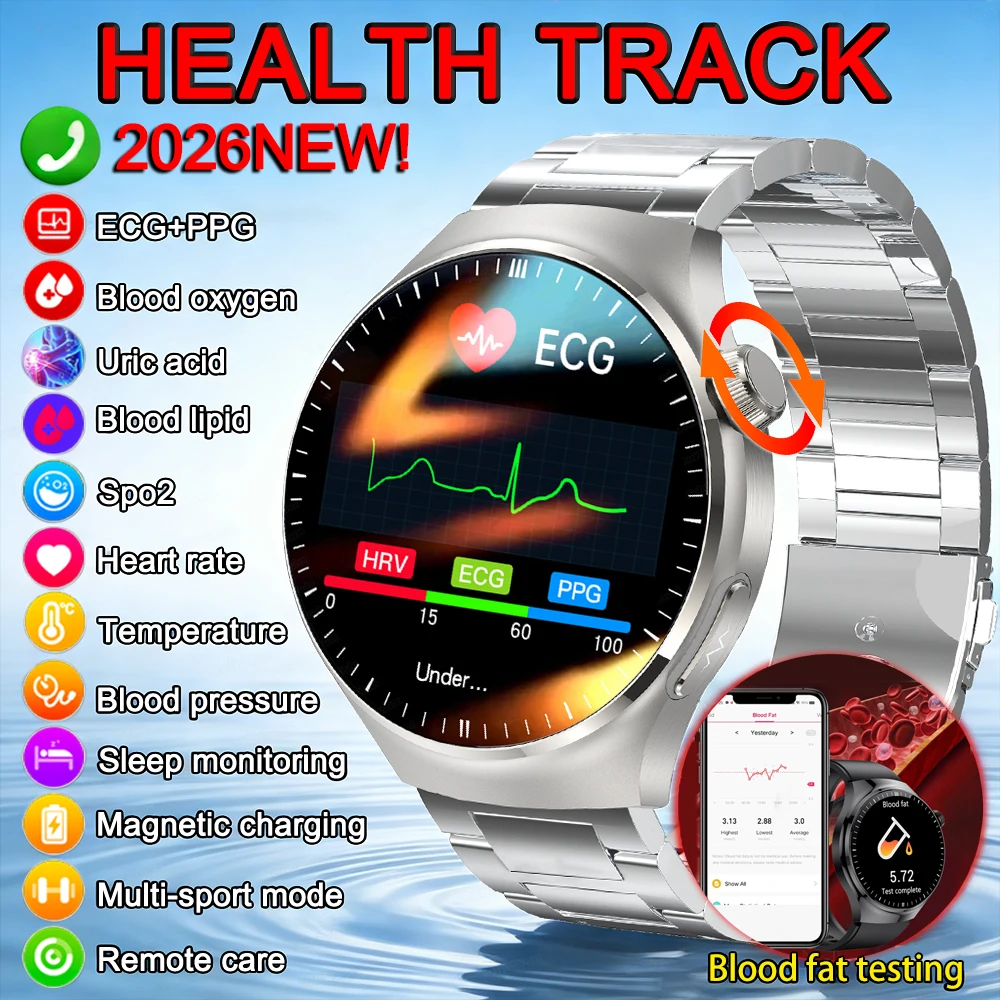 Nuevo reloj inteligente ECG + PPG presión arterial oxígeno detección de seguimiento de salud reloj llamada de voz deporte Fitness reloj inteligente hombres mujeres 2026