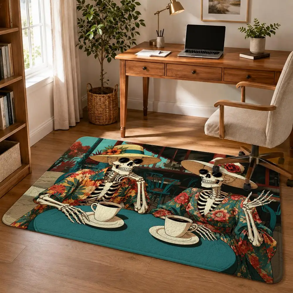 Caffeinated Skeleton Floor Mat Soft Flannel Rug Non Slip Washable Quick Dry Door Mat for Bathroom Kitchen Bedroom Home