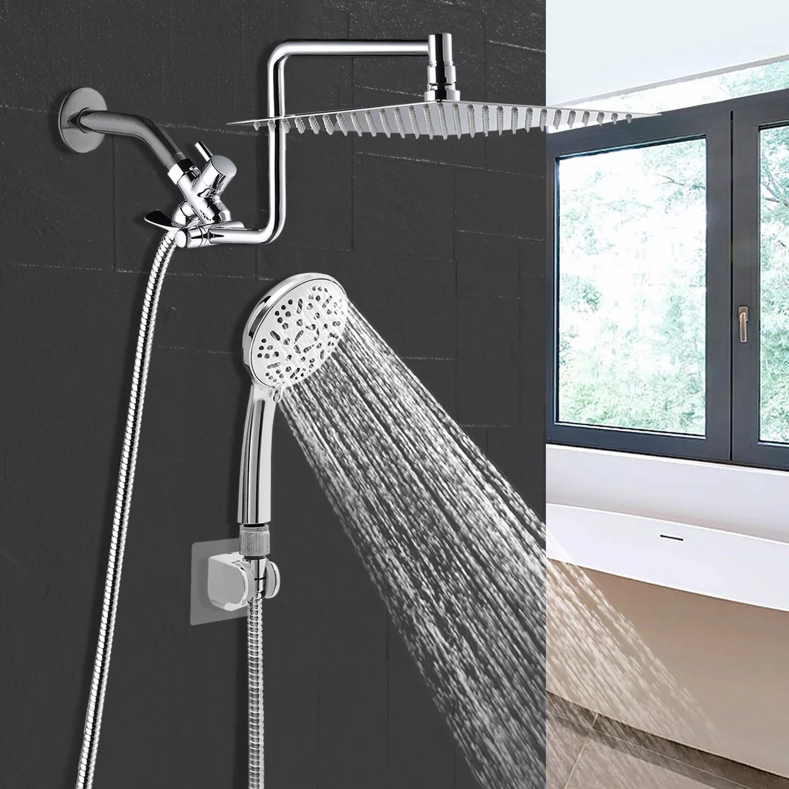 10'' Rainfall Shower Head Set + Handheld High Pressure Spray Wall Mount Bathroom