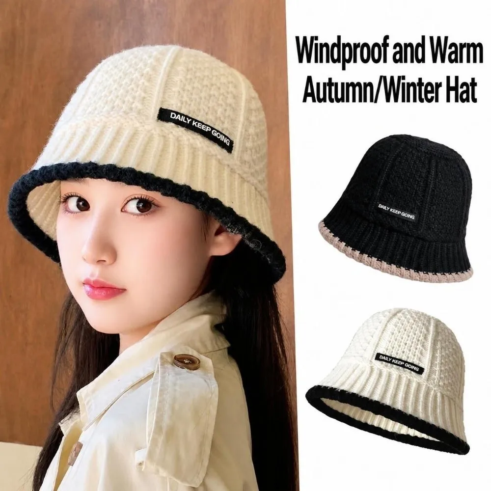 Polyester Fiber Knitted Bucket Hat Warm Korean Style Wool Basin Cap Windproof Solid Color Yarn Bucket Cap Cold Weather