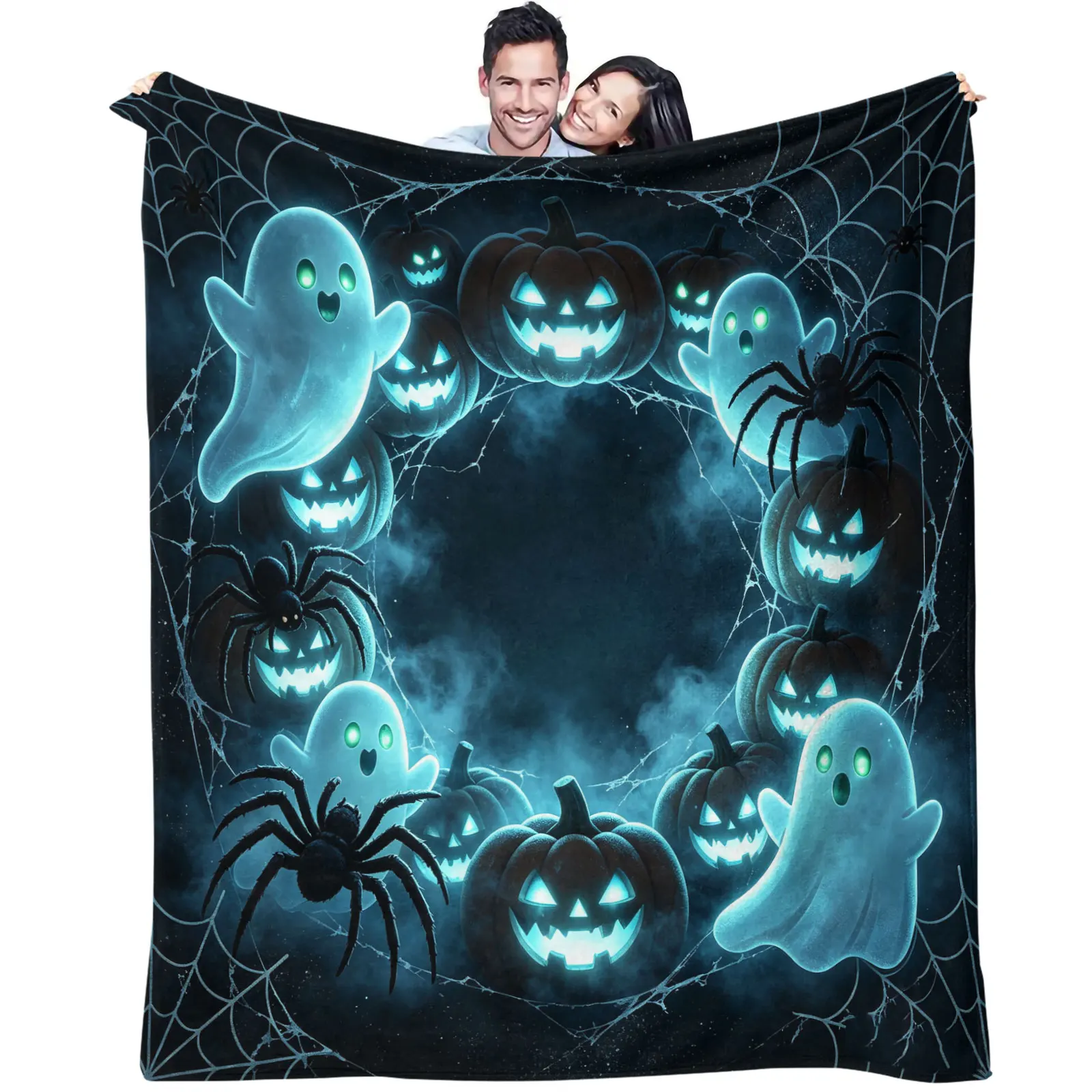 Spooky Glowing Blue Ghost Pumpkin Spider Halloween Throw Blanket Gothic Dark‑themed Flannel Blanket Horror Decor Blankets Gift