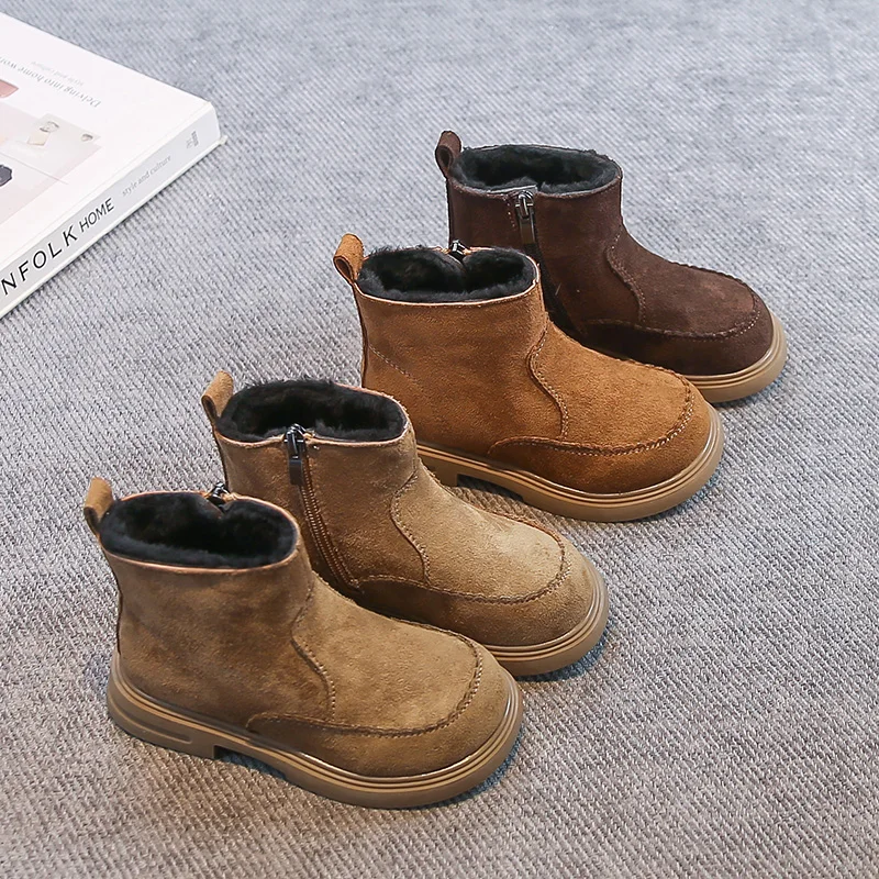 Winter Children's Shoes Warm Fur Snow Boots Waterproof Suede Furry Leather Ankle Boots Girls Fluffy Plush Kids Outdoor Footwear