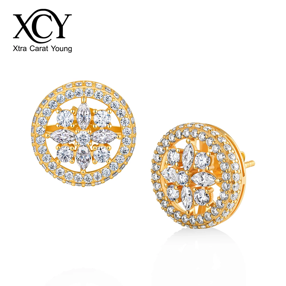 

XCY 14K Gold Plated Moissanite Flower Women's Stud Earrings 925 Silver Sparkling Round Halo Earrings Wedding Luxury Fine Jewelry