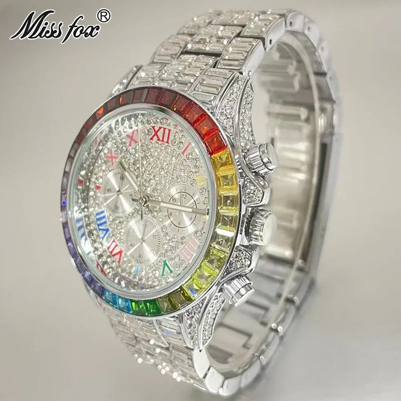 Fashion Watch For Men Brand MISSFOX Luxury Rainbow Square Diamond Wrist Watches Iced Out Jewelry Quartz Clocks Male Reloj Hombre