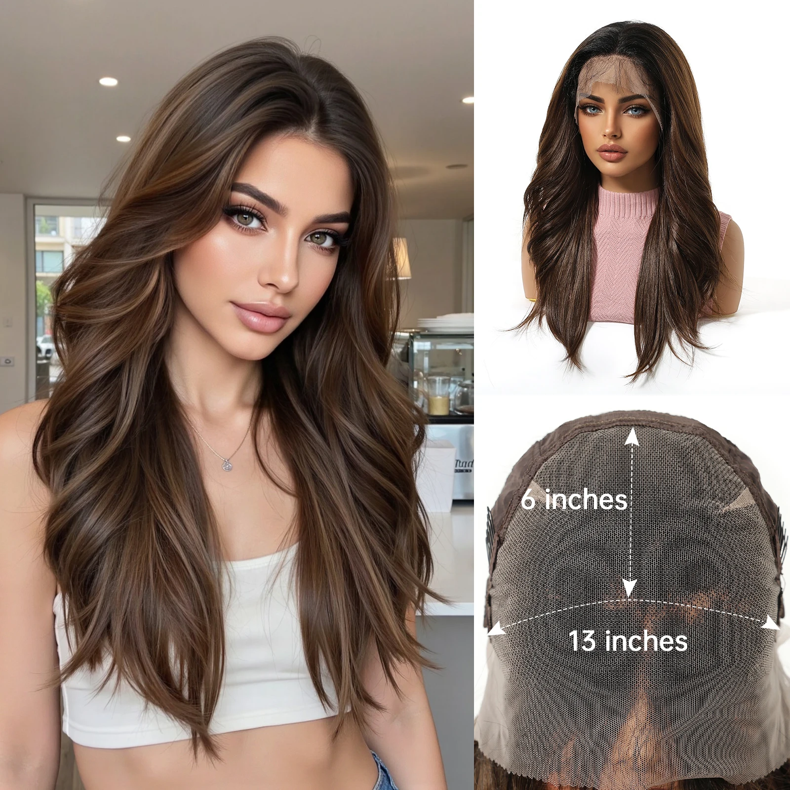 HENRY MARGU Natural Black To Brown Fashion Elegant Synthetic Lace Front Wigs 13×6 Brown Wavy Hair Wig for Women Daily