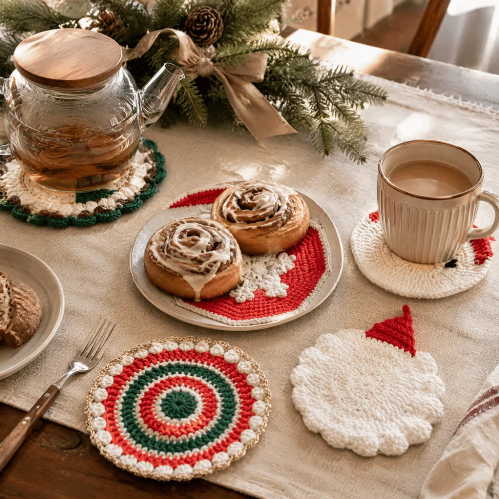 Festive Non Slip Christmas Coaster Handmade Yarn Crochet Non Slip Mat Knitted Table Mat Home Decor