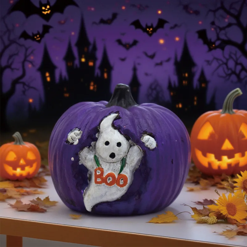 

Halloween Resin Pumpkin Ghost 'Boo' Ornament Unique Home Decor Party Gift - Desktop Decoration Item