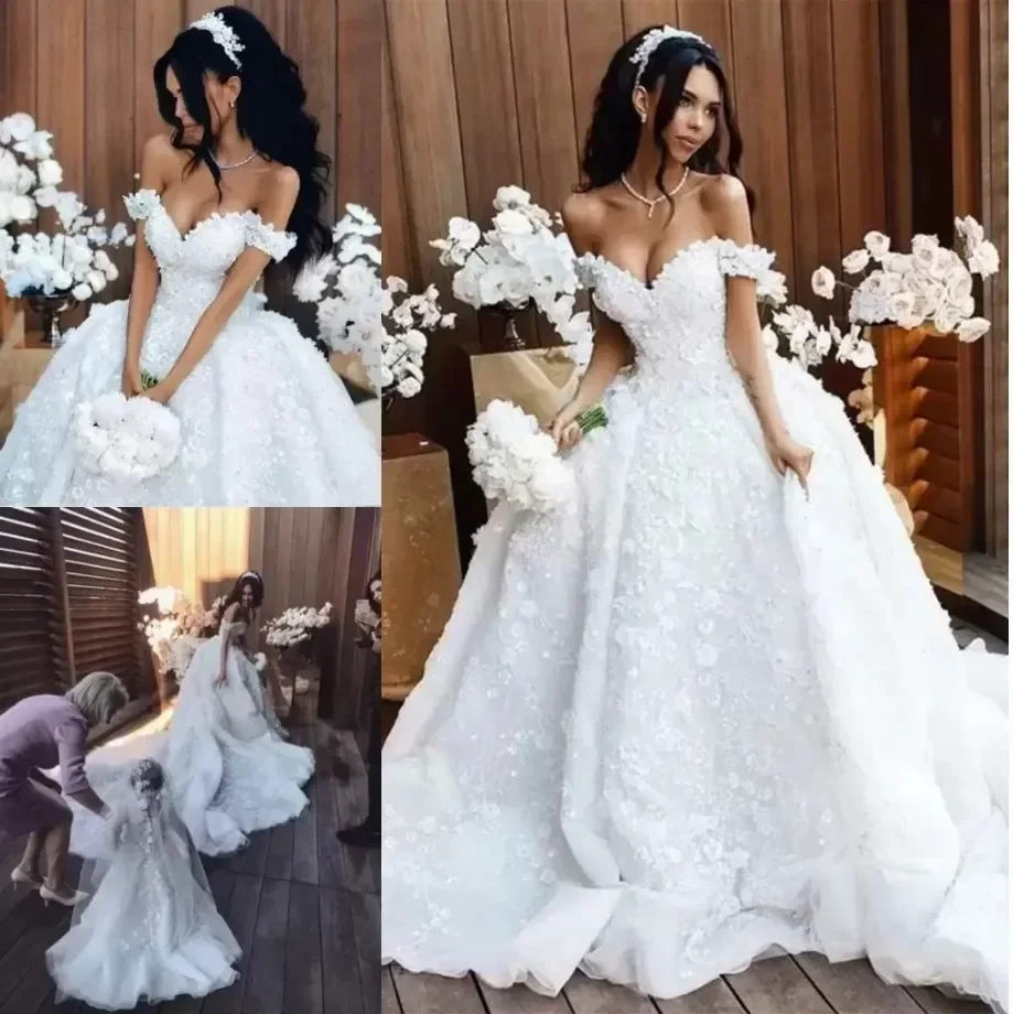 Jolie robe de mariée personnalisée à épaules dénudées, motif Floral 3 D, robe de bal détachable