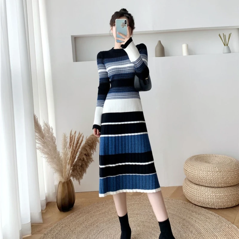 햅번 스타일 여성 니트 드레스 가을 겨울 한국 멋진 우아한 고품질 편안한 스트라이프 크로 셰 뜨개질 드레스 여성을위한
