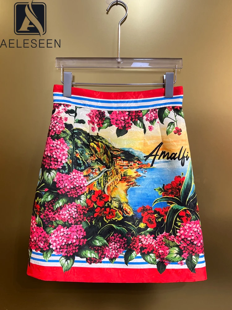 AELESEEN Sicilian Summer Mini Skirt Women Runway Fashion High Waist Seascape Hydrangea Letters Printed Jacquard Casual Holiday