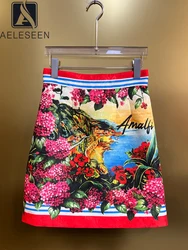 AELESEEN Sicilian Summer Mini Skirt Women Runway Fashion High Waist Seascape Hydrangea Letters Printed Jacquard Casual Holiday