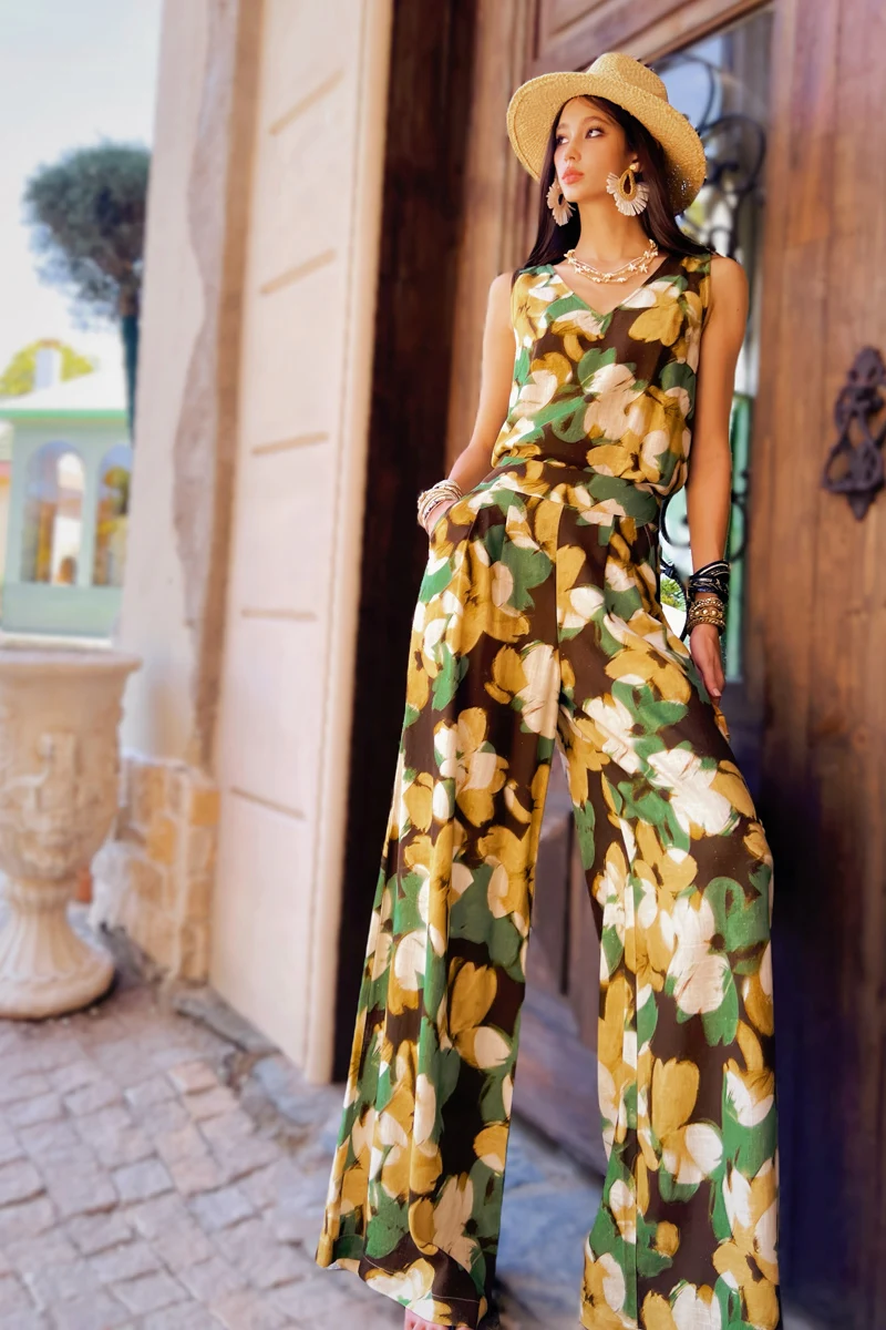 

Summer Print Tank Women's Top Vest Spaghetti Strap+Wide-Leg Pants Separately Camisole Y2K 2025 New DABUWAWA DM2BVS006